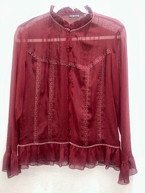 George Burgundy Sheer Ruffle-Trim Button-Front Blouse